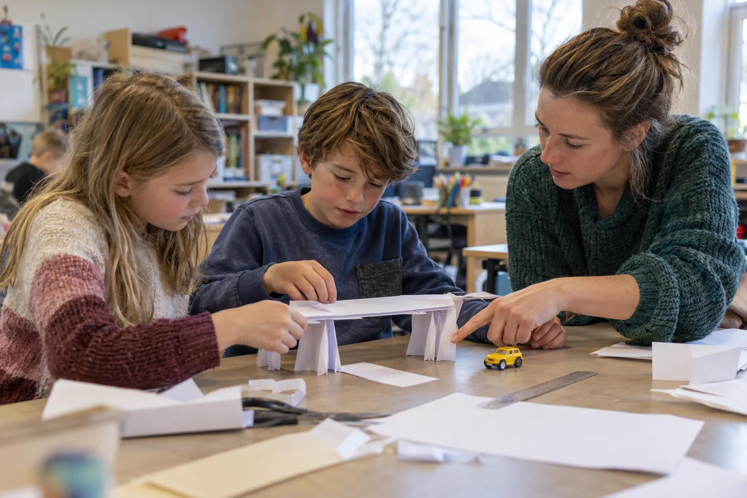 Twee basisschoolleerlingen onderzoeken samen met hun docent een papieren brug en een speelgoedauto