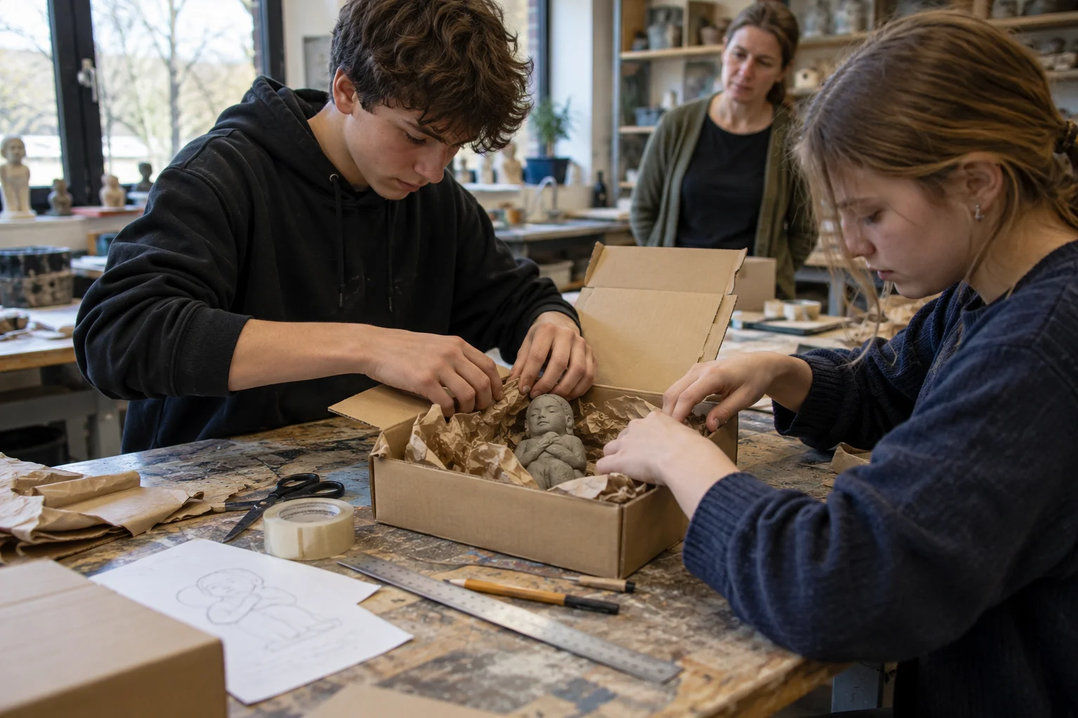 Twee middelbare scholieren maken een beschermende verpakking van karton en papier terwijl hun docent meekijkt