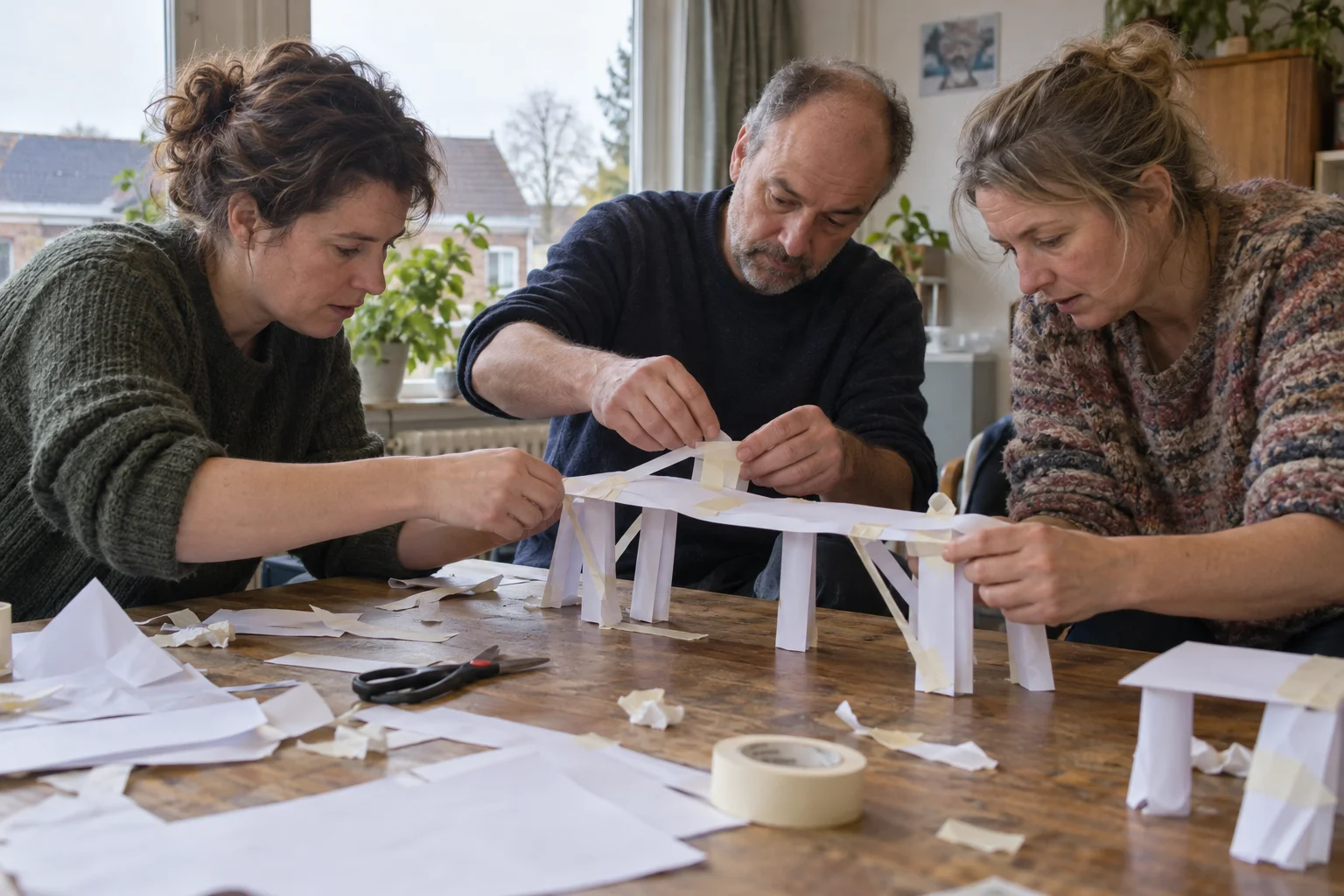 Drie volwassenen bouwen geconcentreerd een brug van papier aan een tafel met papiersnippers